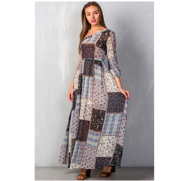 REDUCED TODAY ONLY! One Shoulder Mixed Print Dress - Picture 2 of 6